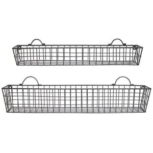 MyGift Country Rustic Wall Mounted Metal Wire Storage Basket Display Floating Shelves, 30 and 23-Inch Narrow Hanging Baskets, Set of 2