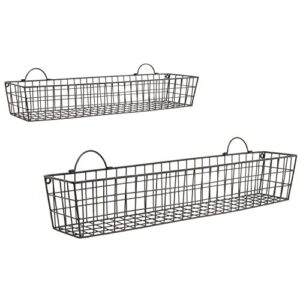 MyGift Country Rustic Wall Mounted Metal Wire Storage Basket Display Floating Shelves, 30 and 23-Inch Narrow Hanging Baskets, Set of 2