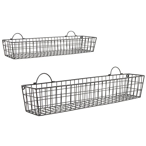 MyGift Country Rustic Wall Mounted Metal Wire Storage Basket Display Floating Shelves, 30 and 23-Inch Narrow Hanging Baskets, Set of 2