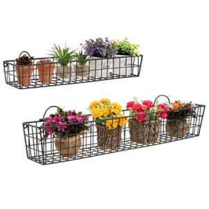 MyGift Country Rustic Wall Mounted Metal Wire Storage Basket Display Floating Shelves, 30 and 23-Inch Narrow Hanging Baskets, Set of 2