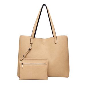 ilishop stylish tote bag reversible shoulder handbag with coin purse for women (black-khaki)
