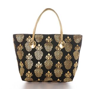 chandy metal gold pineapple printed canvas beach tote bag with leather handle (black), large