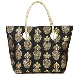Chandy Metal Gold Pineapple Printed Canvas Beach Tote Bag With Leather Handle (Black), Large