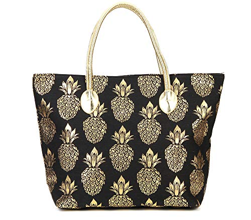 Chandy Metal Gold Pineapple Printed Canvas Beach Tote Bag With Leather Handle (Black), Large