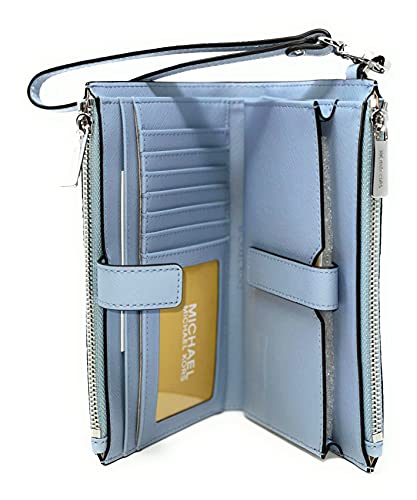 Michael Kors Jet Set Travel Double Zip Saffiano Leather Wristlet Wallet (Pale Blue)