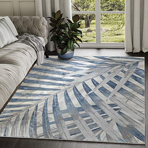 Abani 6' x 9' Blue Grey & Beige Floral Palm Leaf Pattern Area Rug Rugs - Nova Collection Modern Eclectic Style Accent Rug