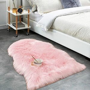 Carvapet Luxury Soft Faux Sheepskin Chair Cover Seat Cushion Pad Plush Fur Area Rugs for Bedroom, 2ft x 3ft, Pink