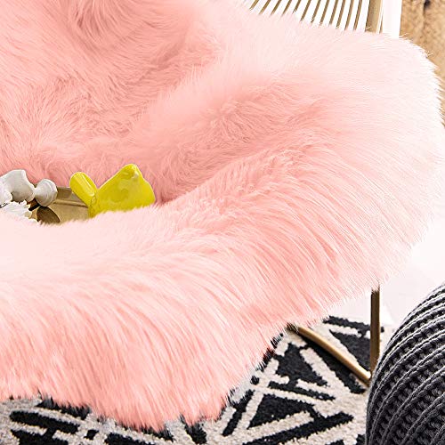 Carvapet Luxury Soft Faux Sheepskin Chair Cover Seat Cushion Pad Plush Fur Area Rugs for Bedroom, 2ft x 3ft, Pink