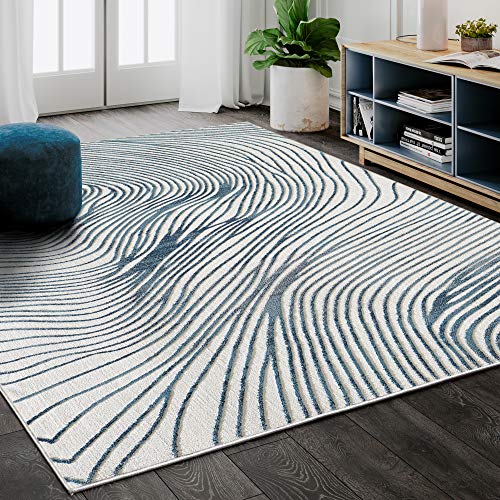 Abani Rugs Contemporary Wave Print 3' X 5' Rectangle Area Rug, Vista Collection - Modern Blue & White Turkish Accent Rug