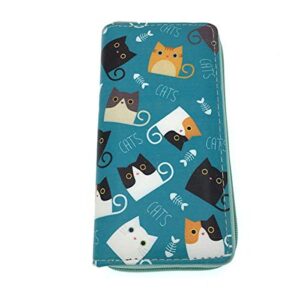 wallet – kitty cat clutch all-in-one faux leather long zippered purse in fun and unique prints (teal)