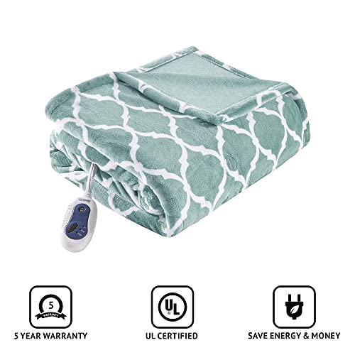 Beautyrest Ogee Printed Plush Electric Blanket for Cold Weather, Fast Heating, Auto Shut Off, Virtually Zero EMF, Multi Heat Setting, UL Certified, Machine Washable, Aqua Oversized Throw 60x70
