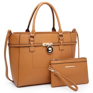 women’s handbag large top belted padlock shoulder bag tote satchel purse hobo bag for work (camel)