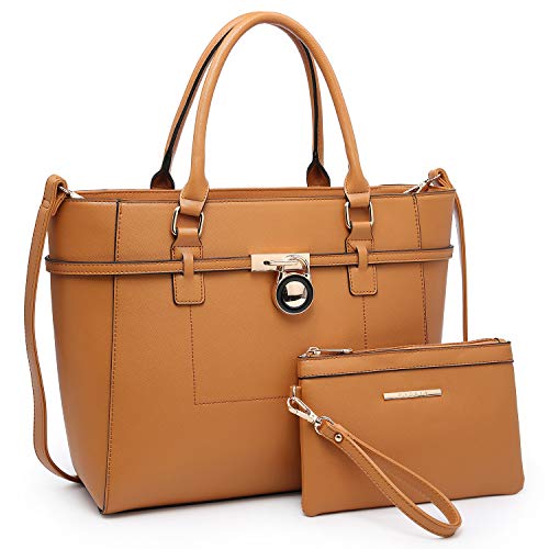 Women's Handbag Large Top Belted Padlock Shoulder Bag Tote Satchel Purse Hobo Bag for Work (Camel)