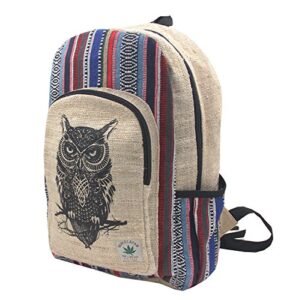 kayjaystyles natural handmade large multi pocket hemp nepal backpack (owl)