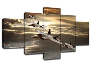 us military aircraft f-22 raptor pictures jet fighter wall art paintings decorations for living room 5 piece canvas art stretched framed wall decor for bedroom(60”wx32”h)