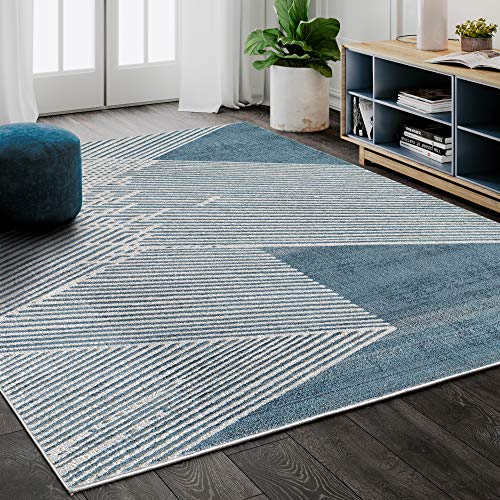 Abani Rugs Blue & Beige Diagonal Lines Area Rug Modern Style, Vista Collection | Turkish Made Superior Comfort & Construction | Stain Shedding Resistant, 7'9" x 10'2" Rectangle