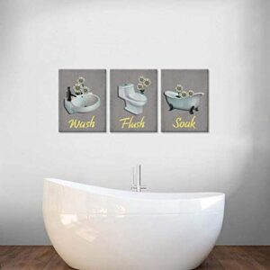 Zlove 3 Pieces Bathroom Canvas Wall Art Wash Flush Soak Bath Tub Toilet Sink with Daisy Flower Picture Print Decoration Stretched and Framed Ready To Hang 12x16inchx3pcs