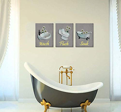 Zlove 3 Pieces Bathroom Canvas Wall Art Wash Flush Soak Bath Tub Toilet Sink with Daisy Flower Picture Print Decoration Stretched and Framed Ready To Hang 12x16inchx3pcs