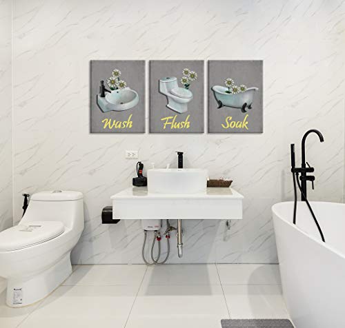 Zlove 3 Pieces Bathroom Canvas Wall Art Wash Flush Soak Bath Tub Toilet Sink with Daisy Flower Picture Print Decoration Stretched and Framed Ready To Hang 12x16inchx3pcs