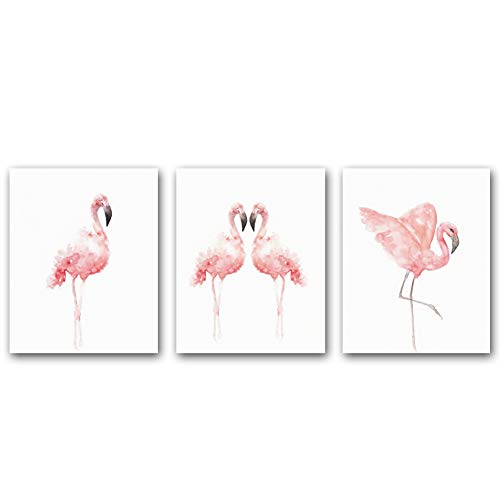 HPNIUB Nordic Flamingo Wall Art Prints Set Of 3 (8”X10”Canvas Watercolor Animals Painting Modern Wall Decor For Nursery Cafe , No Frame