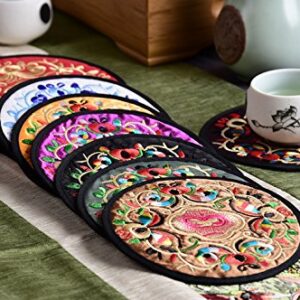 12 Pcs Embroidery Cloth Fabric Coasters for Drinks Vintage Ethnic Floral Design Cup Mat Absorbent Coaster (Mixed Colors)