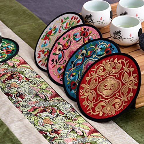 12 Pcs Embroidery Cloth Fabric Coasters for Drinks Vintage Ethnic Floral Design Cup Mat Absorbent Coaster (Mixed Colors)