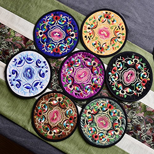 12 Pcs Embroidery Cloth Fabric Coasters for Drinks Vintage Ethnic Floral Design Cup Mat Absorbent Coaster (Mixed Colors)