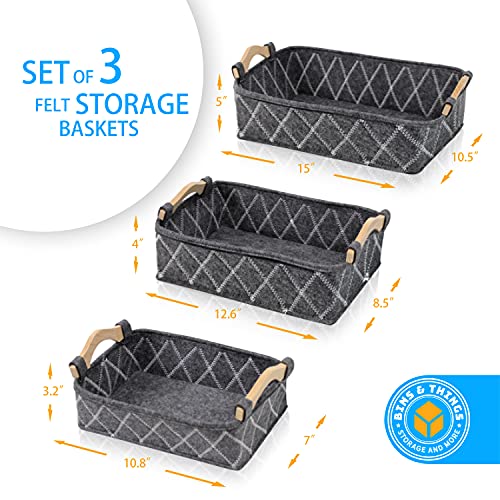 Bins & Things Felt Storage Bins Basket Set of 3 (S, M, L) Fabric Storage Organizing Baskets with Durable Handles - Home Storage Organizer Made with Thick Durable Felt Materials - Fabric Storage Basket