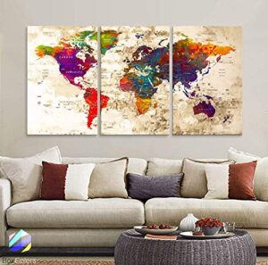 original by boxcolors large 30″x 60″ 3 panels 30×20 ea art canvas print watercolor multi color old map world push pin travel wall home office decor (framed 1.5″ depth) m1816