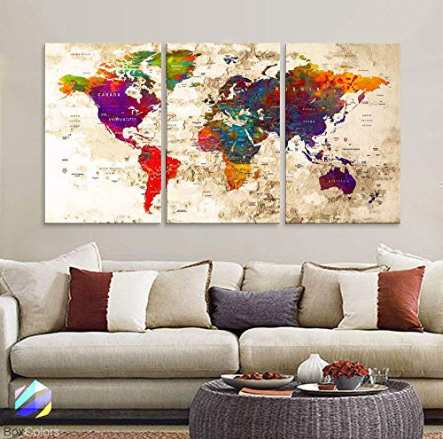 Original by BoxColors LARGE 30"x 60" 3 panels 30x20 Ea Art Canvas Print Watercolor Multi Color Old Map World Push Pin Travel Wall home office decor (framed 1.5" depth) M1816