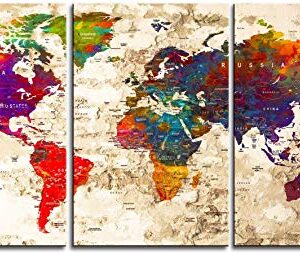 Original by BoxColors LARGE 30"x 60" 3 panels 30x20 Ea Art Canvas Print Watercolor Multi Color Old Map World Push Pin Travel Wall home office decor (framed 1.5" depth) M1816