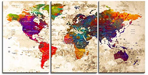 Original by BoxColors LARGE 30"x 60" 3 panels 30x20 Ea Art Canvas Print Watercolor Multi Color Old Map World Push Pin Travel Wall home office decor (framed 1.5" depth) M1816
