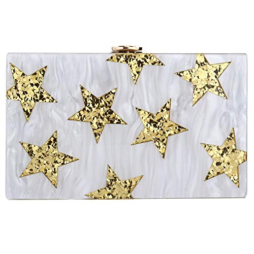 YYW Womens Acrylic Star Designer Evening Bag Glitter Sequins Clutch Purse Box Bag Party Wedding Cocktail Handbags Shoulder Bag (White)