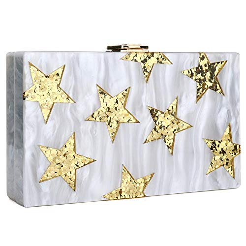 YYW Womens Acrylic Star Designer Evening Bag Glitter Sequins Clutch Purse Box Bag Party Wedding Cocktail Handbags Shoulder Bag (White)