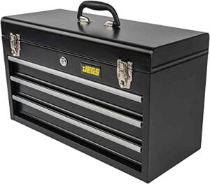 jegs 3-drawer toolbox – metal toolbox with ball-bearing drawer slides – rust-resistant latches – black powder coat finish – includes lock and keys