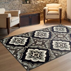 superior crawford collection area rug, 8mm pile height with jute backing, gorgeous mediterranean tile pattern, fashionable and affordable woven rugs – 5′ x 8′ rug, black