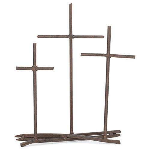 Three Crosses Metal Nail Distressed Brown 8 x 9.5 Metal Table Top Cross Decoration