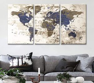 original by boxcolors large 30″x 60″ 3 panels 30×20 ea art canvas print watercolor beige old map world push pin travel wall home decor (framed 1.5″ depth) m1811