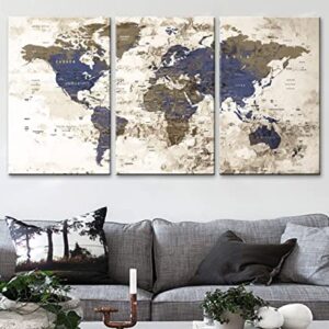 Original by BoxColors LARGE 30"x 60" 3 panels 30x20 Ea Art Canvas Print Watercolor Beige Old Map World Push Pin Travel Wall home decor (framed 1.5" depth) M1811