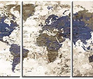 Original by BoxColors LARGE 30"x 60" 3 panels 30x20 Ea Art Canvas Print Watercolor Beige Old Map World Push Pin Travel Wall home decor (framed 1.5" depth) M1811