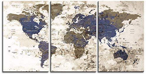 Original by BoxColors LARGE 30"x 60" 3 panels 30x20 Ea Art Canvas Print Watercolor Beige Old Map World Push Pin Travel Wall home decor (framed 1.5" depth) M1811