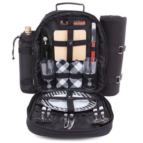 Plush Picnic – Picnic Backpack for Adventures,Insulated Picnic Backpack for 2, Great Alternative to a Bulky Picnic Basket Set, Romantic Picnic Set for 2, Picnic Basket for 2, Picnic Bag (Black)