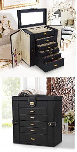 Kendal Huge Jewelry Box Jewelry Case with 6 Tier 5 Drawers Large Storage Capacity with Mirror Jewelry Storage Organizer Great Gift Also Good For Watches LJC-SHD5BK (black)