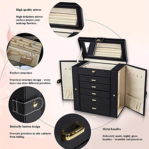 Kendal Huge Jewelry Box Jewelry Case with 6 Tier 5 Drawers Large Storage Capacity with Mirror Jewelry Storage Organizer Great Gift Also Good For Watches LJC-SHD5BK (black)