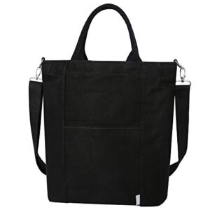 iswee women canvas shoulder tote bag large casual handbags work bag shopping travel bag crossbody (black)
