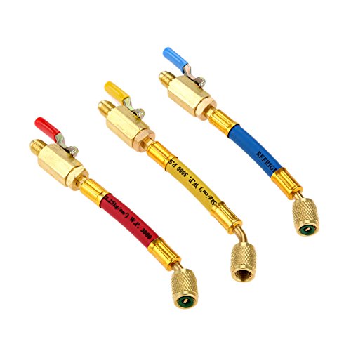 R134A R410A R22 R12 Charging Hoses and Ball Valve Set, 3 Pcs Color Coded Hoses/w Ball Valve 1/4" SAE Thread (7" Long) for AC HVAC Maintenance Kit and Air Condition Refrigeration Charging Tools