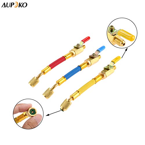 R134A R410A R22 R12 Charging Hoses and Ball Valve Set, 3 Pcs Color Coded Hoses/w Ball Valve 1/4" SAE Thread (7" Long) for AC HVAC Maintenance Kit and Air Condition Refrigeration Charging Tools