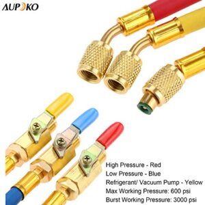 R134A R410A R22 R12 Charging Hoses and Ball Valve Set, 3 Pcs Color Coded Hoses/w Ball Valve 1/4" SAE Thread (7" Long) for AC HVAC Maintenance Kit and Air Condition Refrigeration Charging Tools