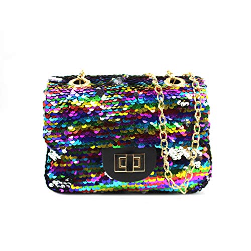 Women Sequin Crossbody Purse Shoulder Bag Rainbow Reversible Pouch with Chains