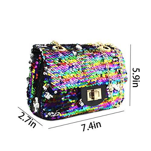 Women Sequin Crossbody Purse Shoulder Bag Rainbow Reversible Pouch with Chains